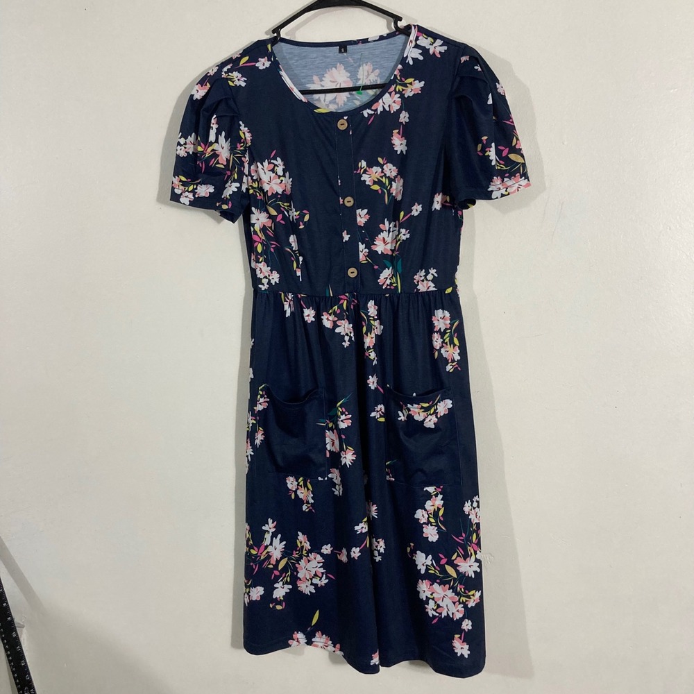 Unbranded Floral Pocket Dress Womens S Navy Blue Puff Sleeve Knee Lngth